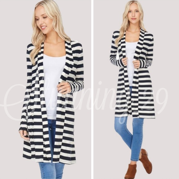 🆕️ ☆NAVY & CREAM STRIPED L/S ELBOW PATCH CARDIGAN - Picture 1 of 8